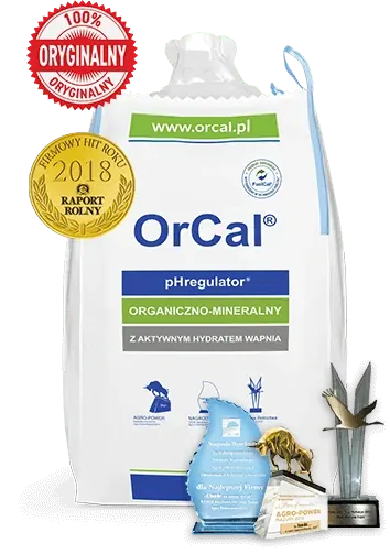 Big bag z nawozem OrCal® pHregulator® z pieczęcią „100% oryginalny” i nagrodami branżowymi